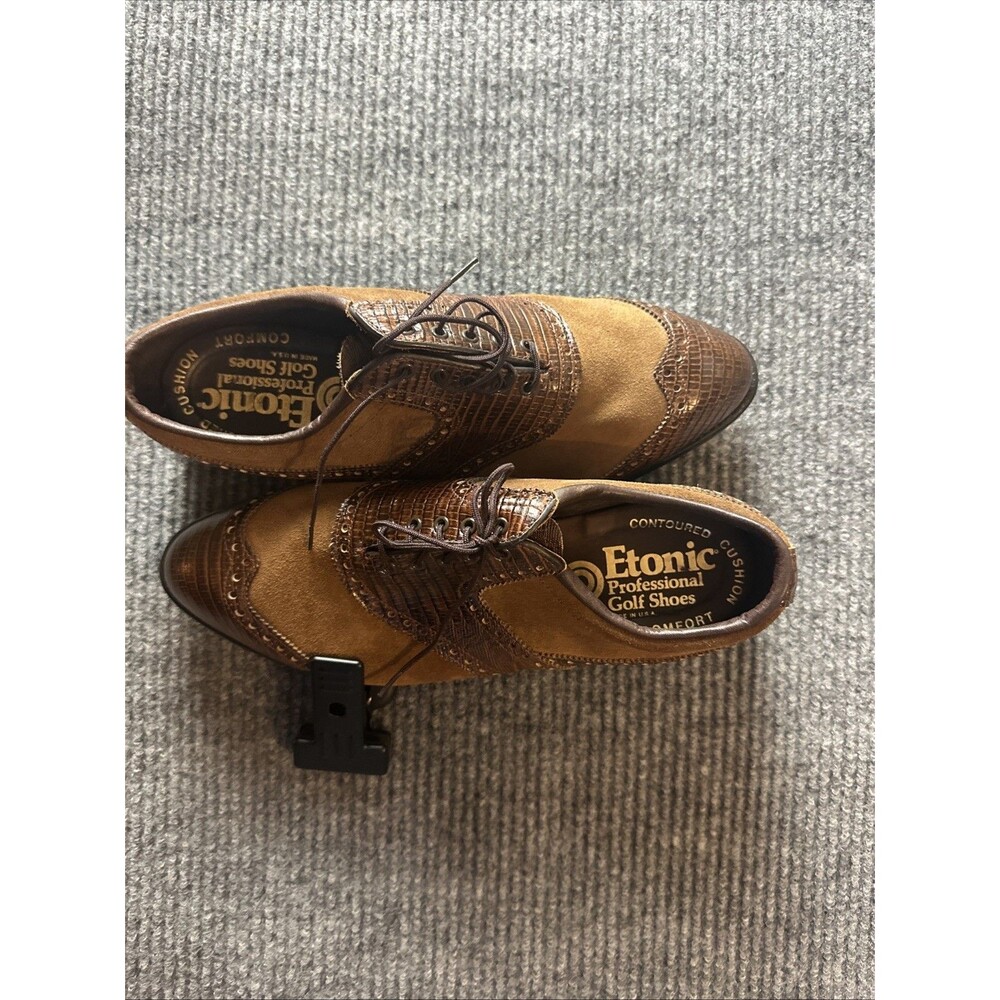 ETONIC DRI-TECH TOUR BROWN LEATHER WINGTIP GOLF SHOES SPIKES USA MENS SZ. 10M